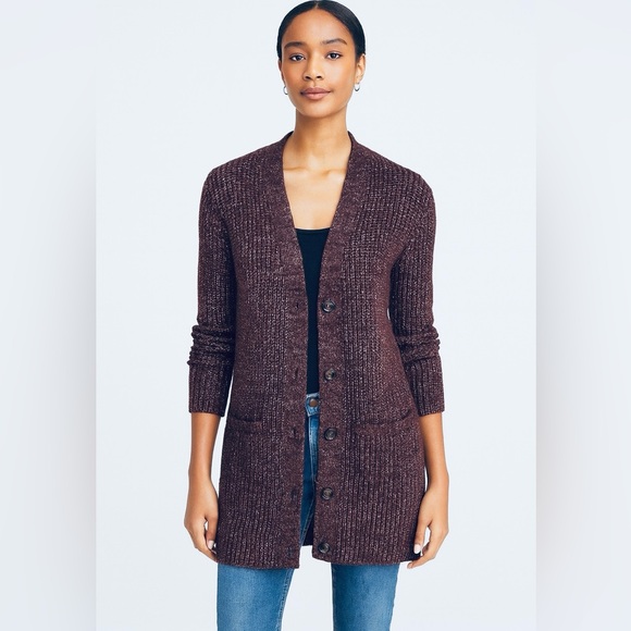 Ann Taylor Long Cardigan Sweater Brown Marled Ribbed Knit Button Front Pockets - Picture 1 of 15